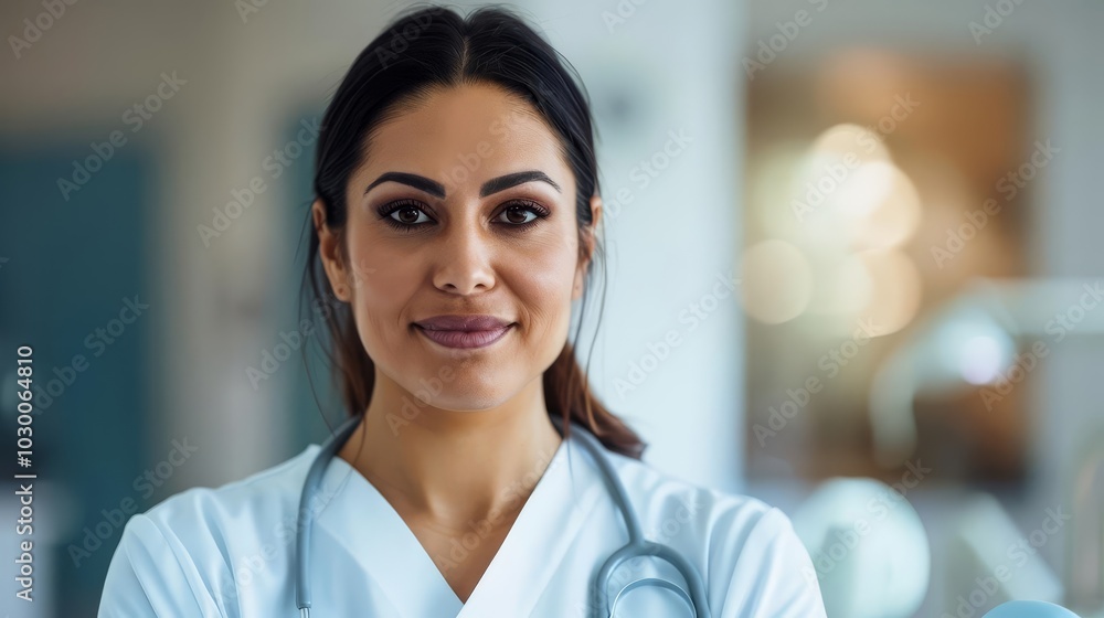 Obraz premium Smiling female doctor with stethoscope in a medical setting.