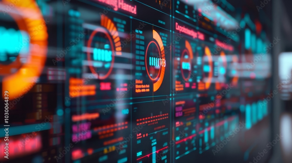Abstract digital interface with colorful data and graphs on multiple screens. Abstract digital interface with colorful data and graphs on multiple screens.