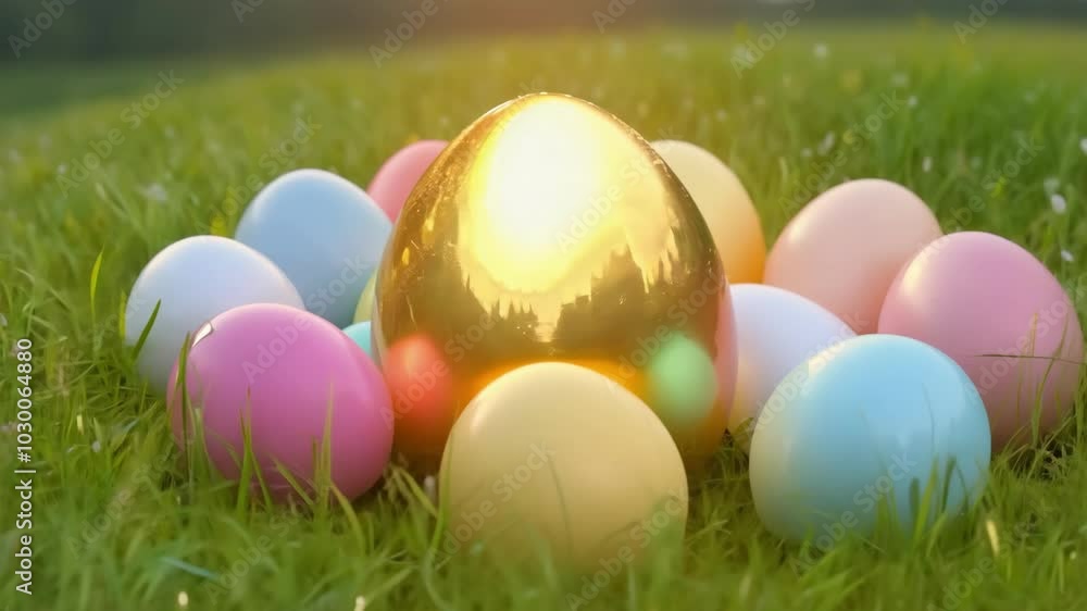 Golden egg among pastel easter eggs on grass at sunrise Golden egg among pastel easter eggs on grass at sunrise