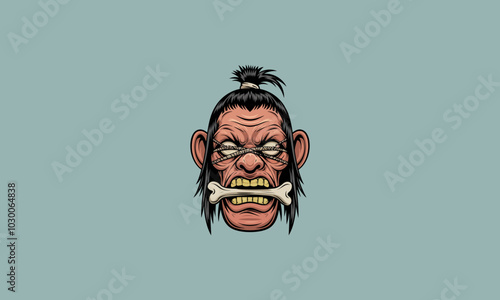 Angry figure with tied eyes and a bone in their mouth.