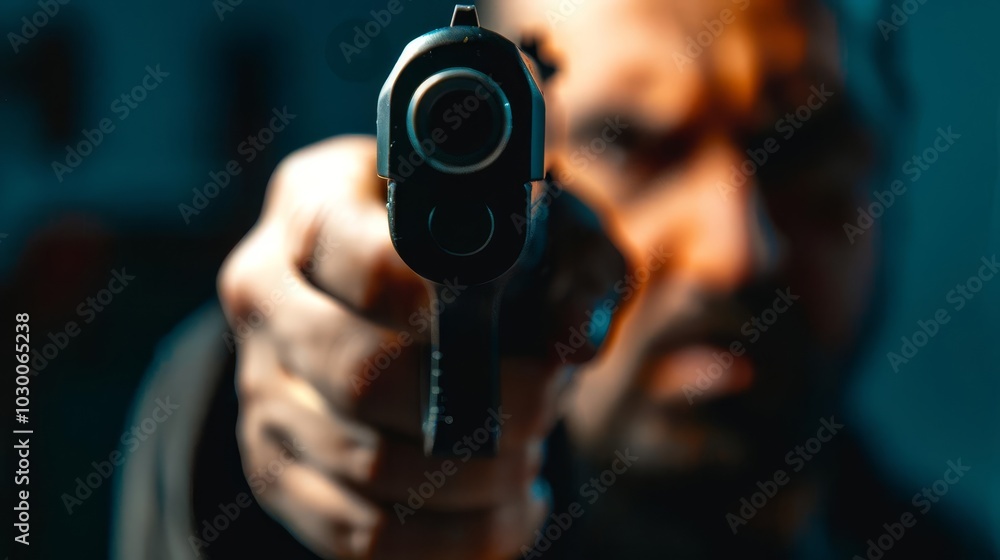 Man holding a gun in a dramatic stance Represents a robbery or confrontation with copy space Man holding a gun in a dramatic stance Represents a robbery or confrontation with copy space