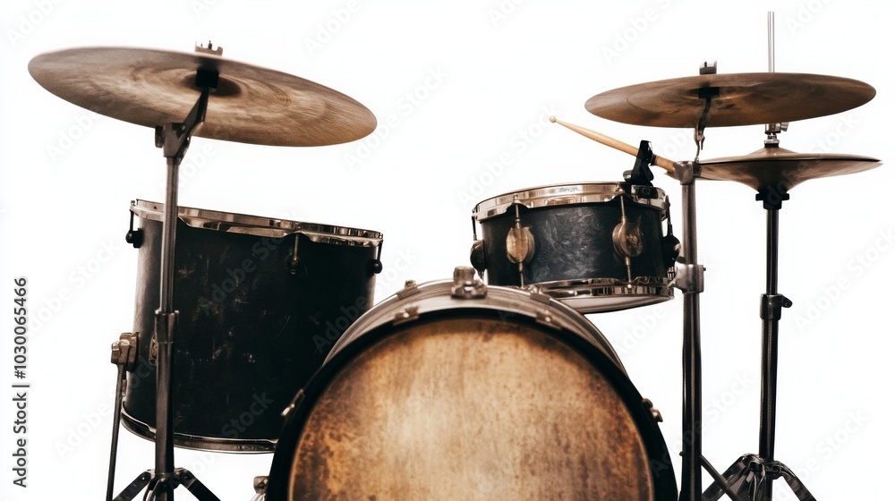 Black Drum Set with Three Cymbals on Stand Against White Background Black Drum Set with Three Cymbals on Stand Against White Background
