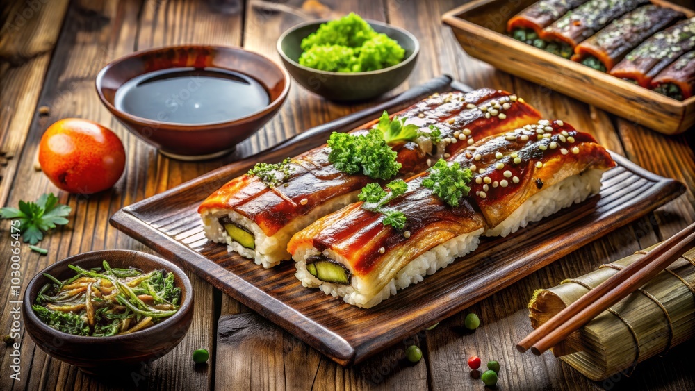 Delicious Eel Dishes - Grilled Eel on Plate, Sushi with Eel, Eel Sauce, Traditional Japanese Cuisine, Asian Food Photography, Gourmet Seafood, Fresh Ingredients, Culinary Art, Tasty Recipes Delicious Eel Dishes - Grilled Eel on Plate, Sushi with Eel, Eel Sauce, Traditional Japanese Cuisine, Asian Food Photography, Gourmet Seafood, Fresh Ingredients, Culinary Art, Tasty Recipes