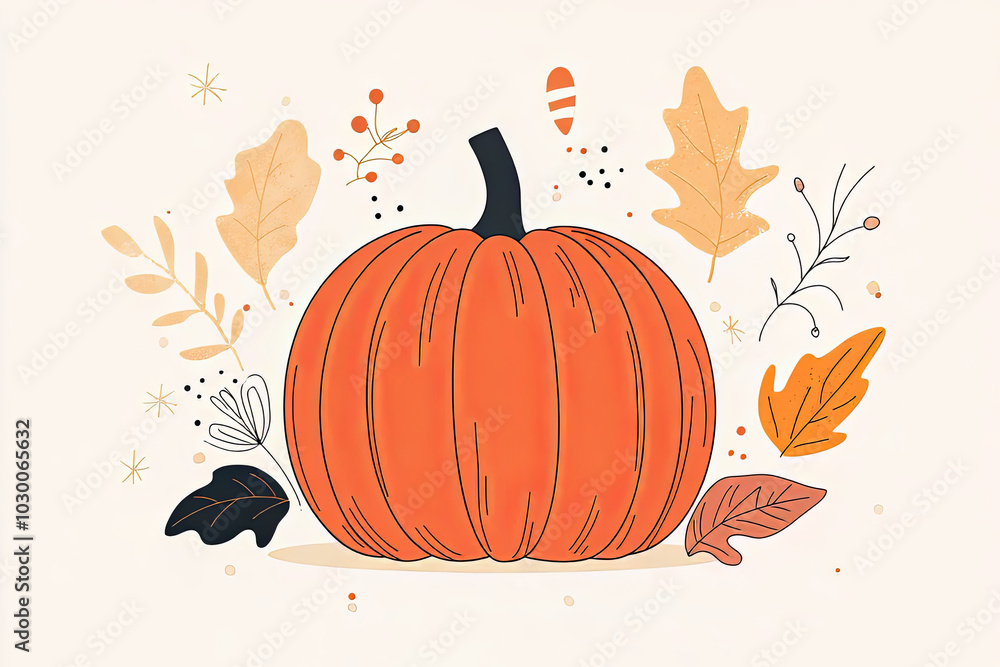 Naklejka premium Illustrated pumpkin with autumn leaves and abstract elements. Fall season concept.