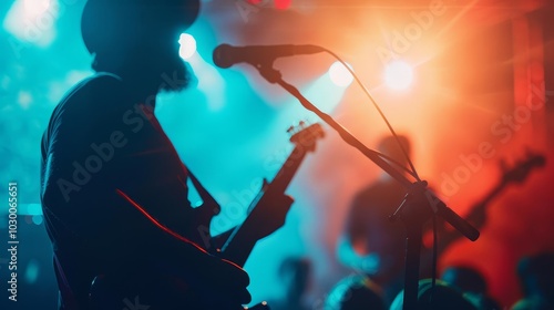 Silhouette of a guitarist performing on stage under colorful lights.