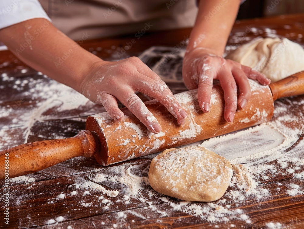 Close-Up of Woman’s Hands Holding Rolling Pin with Dough and Flour on Wooden Kitchen Table Close-Up of Woman’s Hands Holding Rolling Pin with Dough and Flour on Wooden Kitchen Table