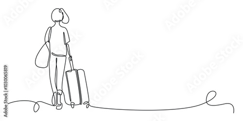 one continuous line drawing of woman leaving home.one line drawing of woman with bag and suitcase leaving home.one line vector.single line illustration