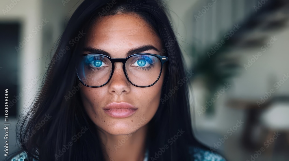 Portrait of a beautiful woman with blue eyes and black hair wearing glasses. Portrait of a beautiful woman with blue eyes and black hair wearing glasses.