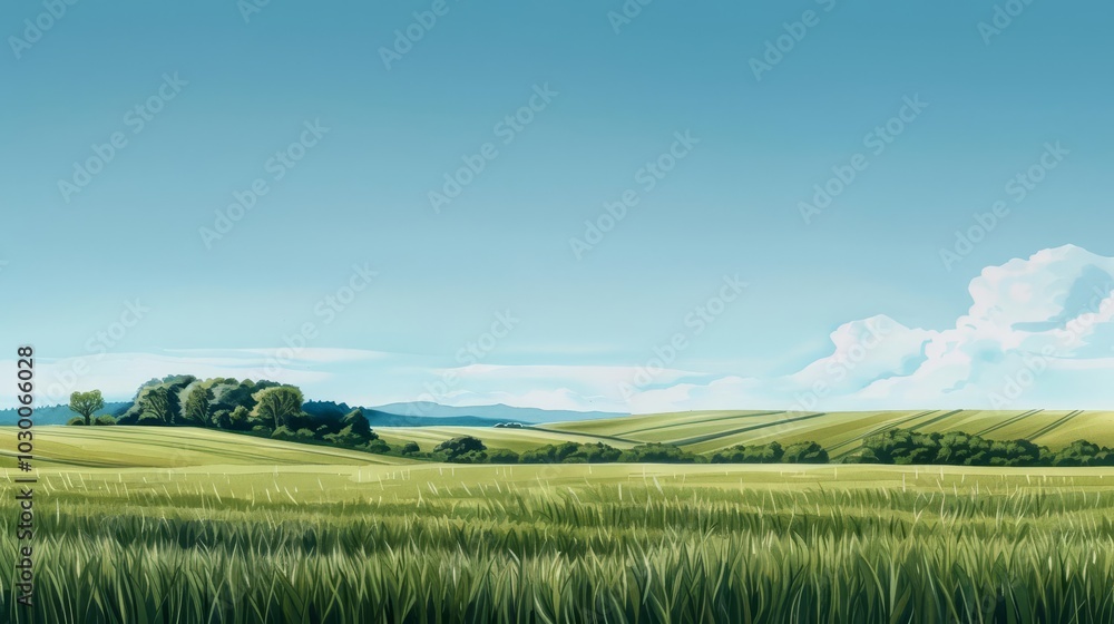 Naklejka premium Serene landscape with rolling hills, green fields, and a clear blue sky.
