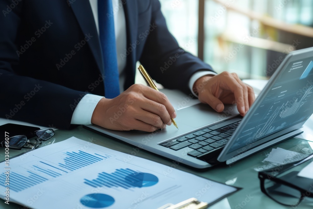 Professional man working on a laptop, taking notes with a pen, business documents spread, modern office environment.