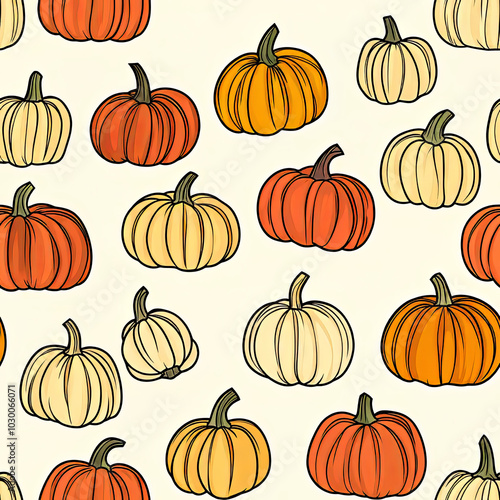 Seamless pattern with hand-drawn orange, white, and yellow pumpkins on light background.