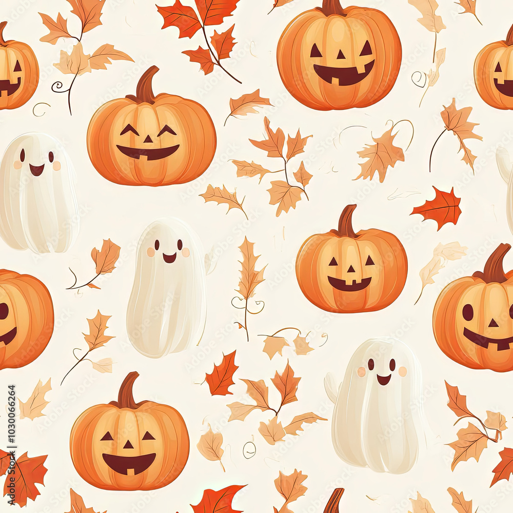 Seamless Halloween pattern with jack-o'-lanterns, ghosts, and autumn leaves on beige background. Seamless Halloween pattern with jack-o'-lanterns, ghosts, and autumn leaves on beige background.