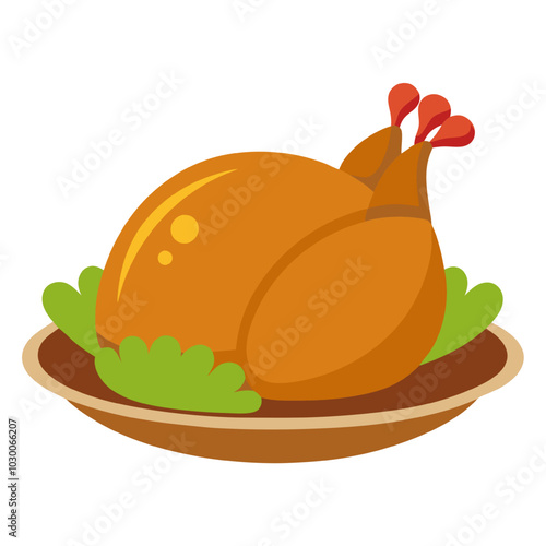 Roasted Turkey Icon:  A delicious, golden brown roasted turkey on a platter with green lettuce, perfect for Thanksgiving or any celebratory meal.  