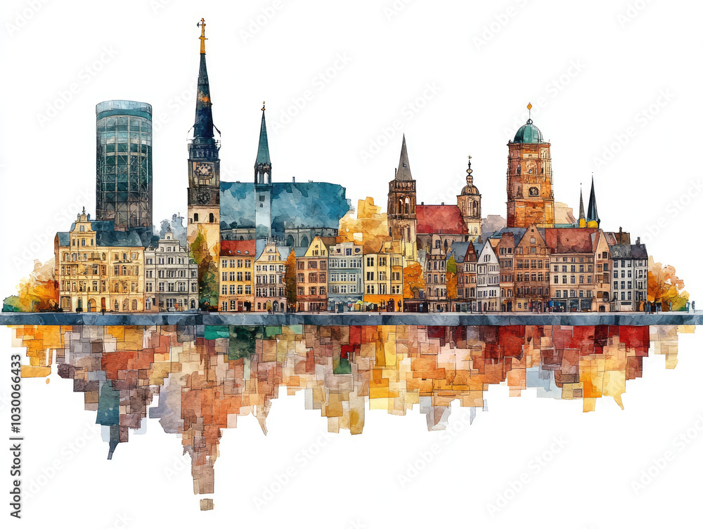 German city skyline with iconic landmarks and reflections
German city skyline with iconic landmarks and reflections