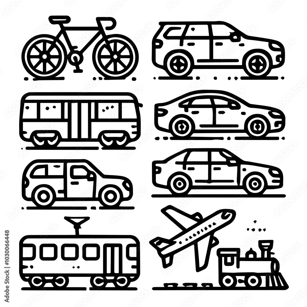 Naklejka premium Set of various transportation icons in black and white, depicting different vehicles like cars, bicycles, and trains