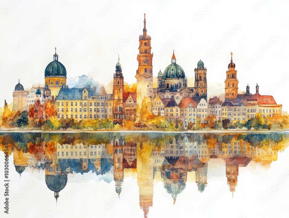 Obraz premium German city skyline with iconic landmarks and reflections