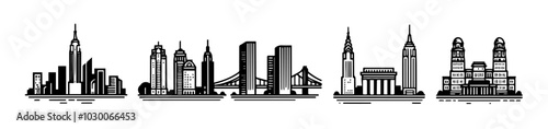 Set of black and white urban skyline icons featuring well-known buildings and bridges