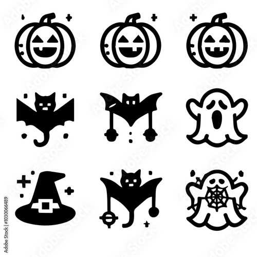 Halloween icons in black and white featuring pumpkins, bats, and ghosts
