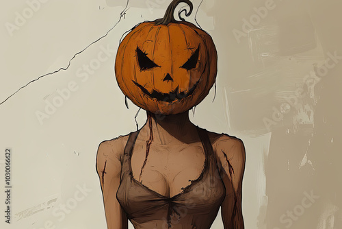 Woman with a scary pumpkin head. Dark Halloween illustration. Girl with jack-o'-lantern head photo