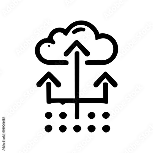 Black and white cloud upload icon in a minimalist line art style