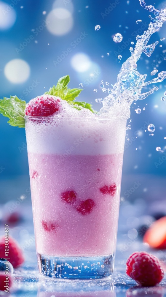 Refreshing raspberry drink with mint leaves, splash of water, and vibrant colors, perfect for summer enjoyment. Refreshing raspberry drink with mint leaves, splash of water, and vibrant colors, perfect for summer enjoyment.