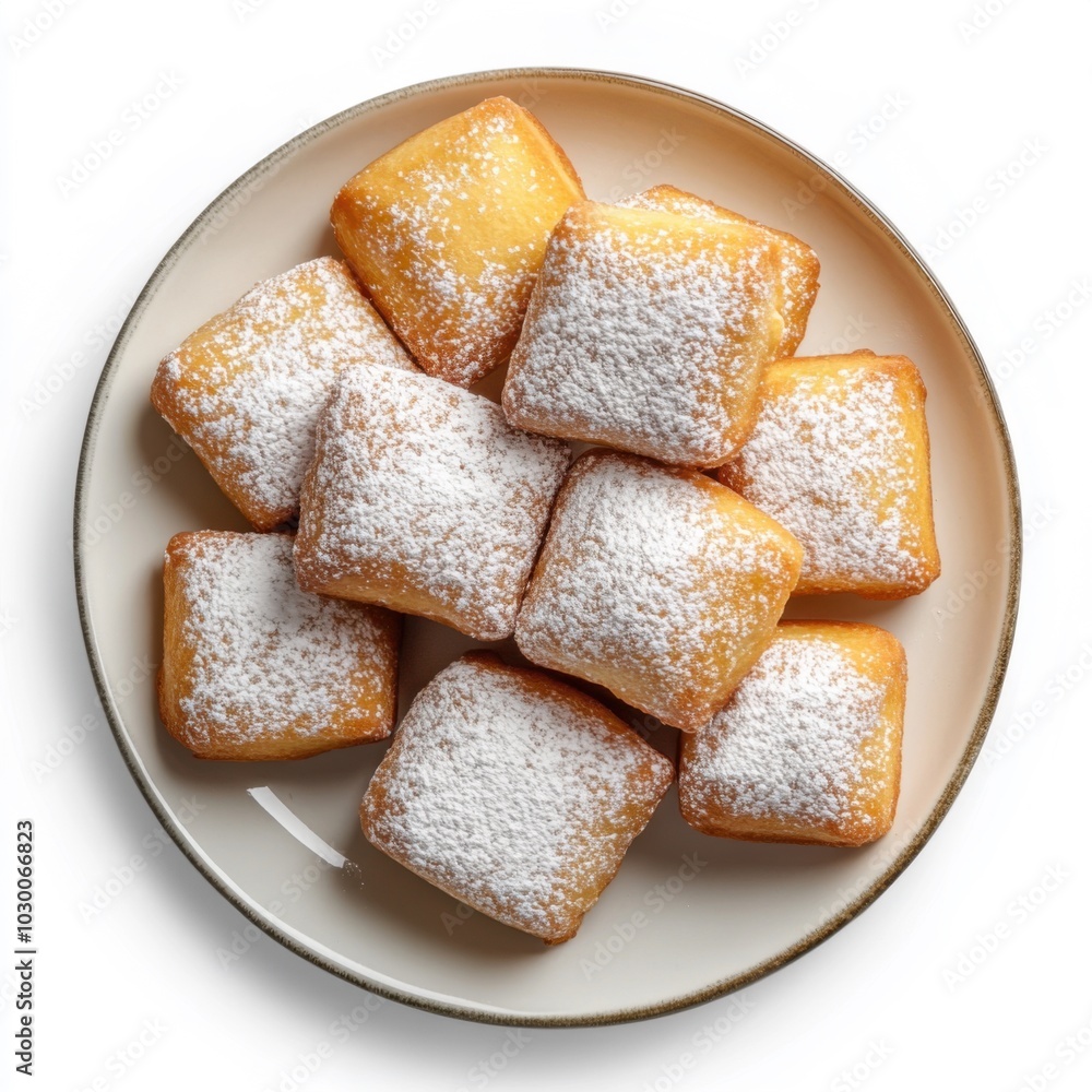 Plate of beignets dusted with powdered sugar on white background, perfect for dessert lovers. Plate of beignets dusted with powdered sugar on white background, perfect for dessert lovers.