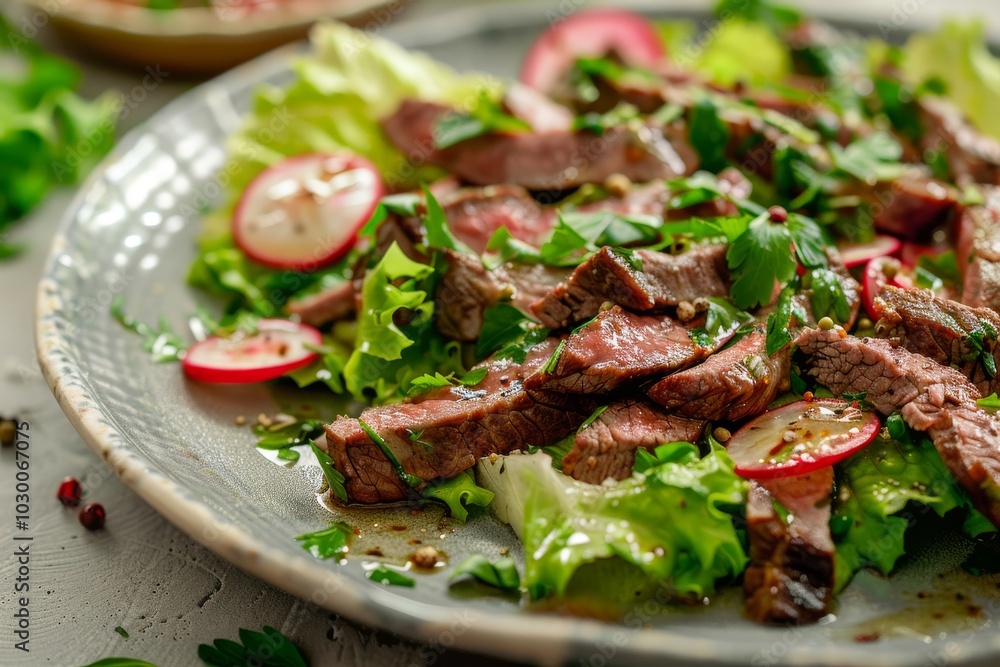 Beef Meat Salad with Radish, Greens and Sauce on Grey Plate Close Up, Simply and Healthy Recipe Beef Meat Salad with Radish, Greens and Sauce on Grey Plate Close Up, Simply and Healthy Recipe