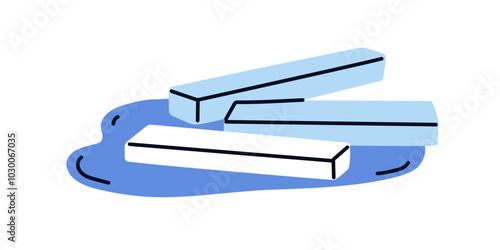 Melting ice blocks and water, wet puddle. Thawing, heating long icy bars, shapes under high temperature, changing from solid to liquid state. Flat vector illustration isolated on white background