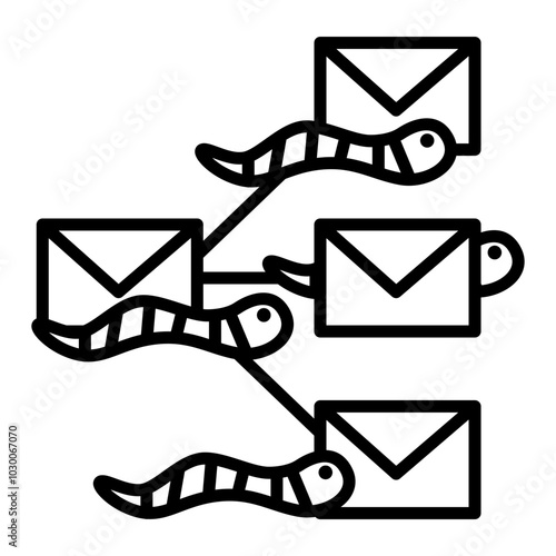 An icon of a worm spreading infection using email.