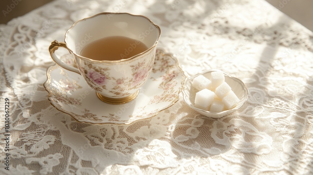 Elegant Tea Cup with Sugar on Lace Tablecloth Elegant Tea Cup with Sugar on Lace Tablecloth