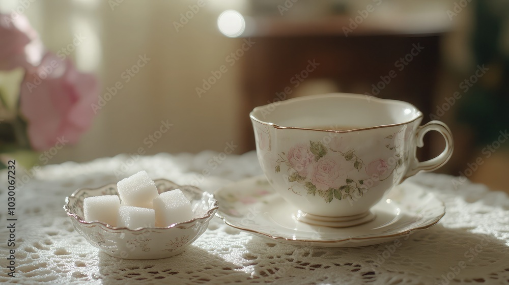Charming Tea Cup with Sugar Cubes on Lace Tablecloth Charming Tea Cup with Sugar Cubes on Lace Tablecloth