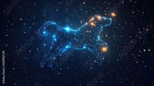 Celestial dog constellation depicted in starry night sky