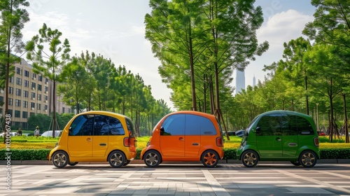 Three small electric cars in yellow, orange and green parked in a row on a city street.