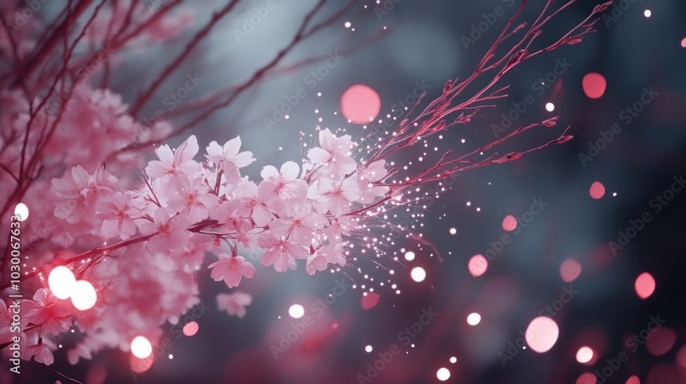 Pink Cherry Blossom Flowers with Bokeh Lights Pink Cherry Blossom Flowers with Bokeh Lights