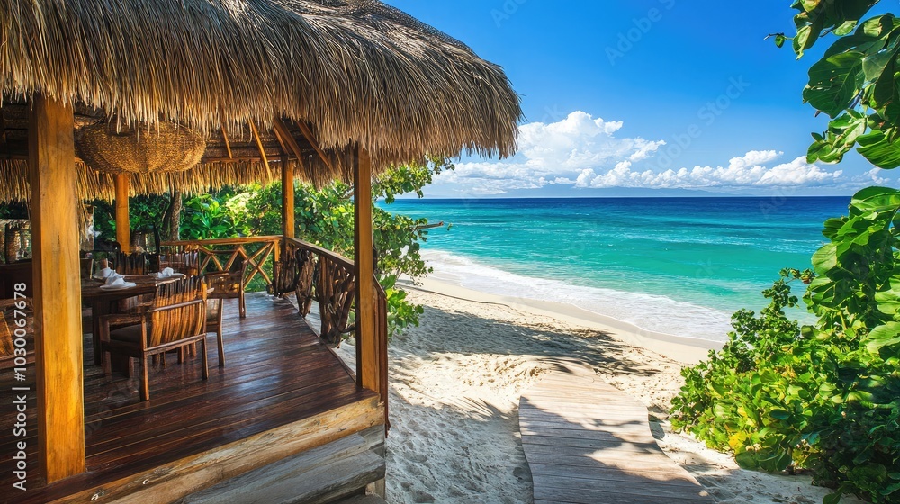 Fototapeta premium Serene Beachfront Dining Experience in Tropical Paradise