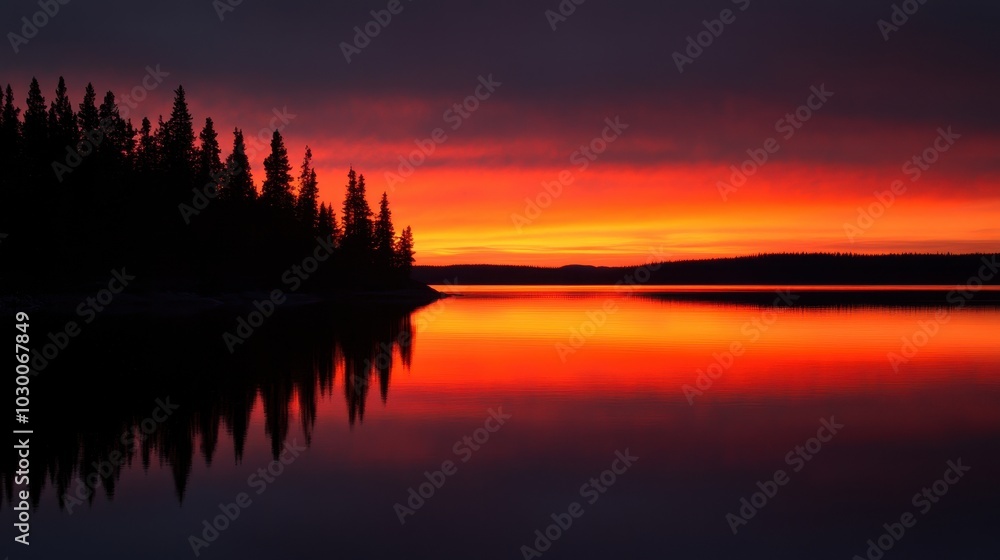Fototapeta premium Sunrise reflected in a calm lake, symbolizing the beauty of new beginnings