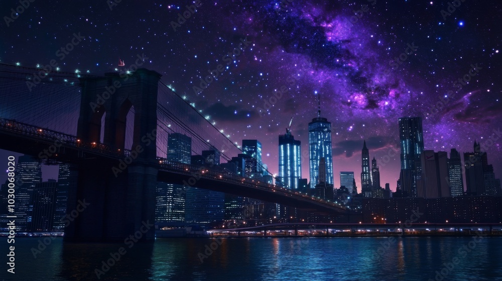 Starry Night Over New York: City Skyline with Milky Way Galaxy, Brooklyn Bridge, Manhattan Skyscrapers, and Water Reflections. Starry Night Over New York: City Skyline with Milky Way Galaxy, Brooklyn Bridge, Manhattan Skyscrapers, and Water Reflections.