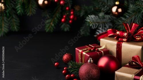 Christmas presents wrapped in brown paper with red ribbon and ornaments on a dark background.