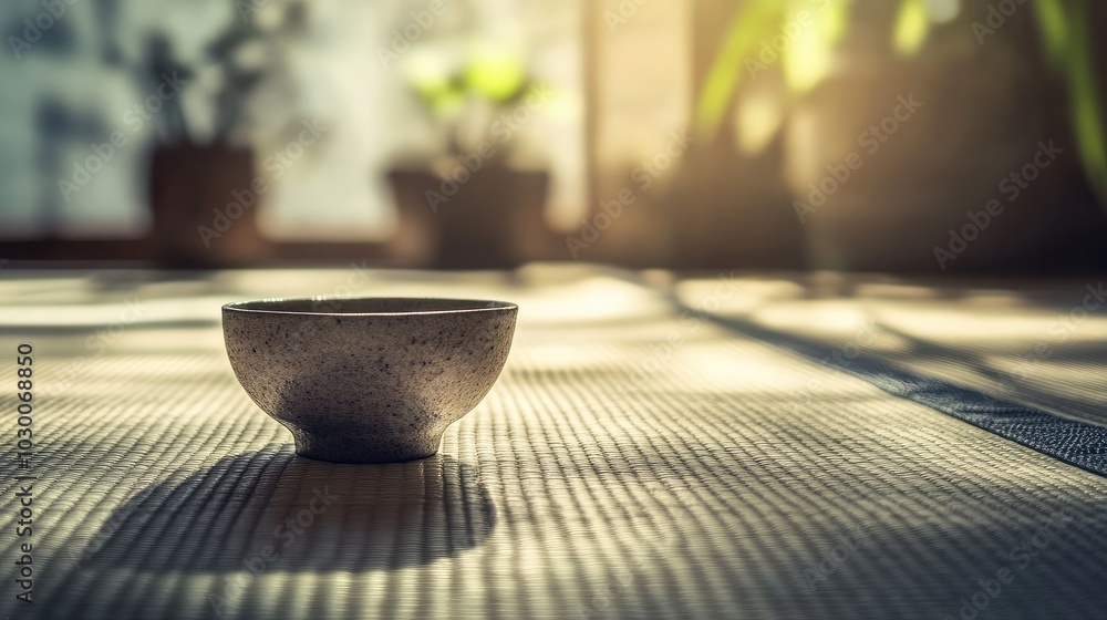 Serene Tea Bowl on Tatami Mat in Soft Light Serene Tea Bowl on Tatami Mat in Soft Light