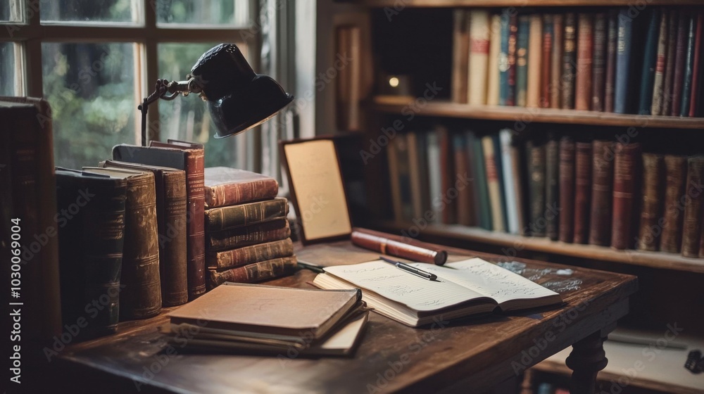 A writer's desk with notebooks and reference books A writer's desk with notebooks and reference books
