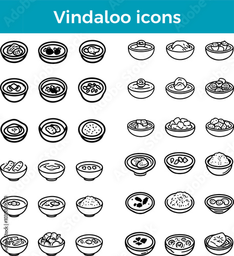 Vindaloo icons line Indian curry dish vector spicy pork stew traditional cuisine food illustration set