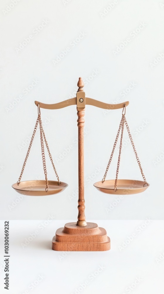 Wooden balance scale on white background, representing justice and fairness in legal matters. Wooden balance scale on white background, representing justice and fairness in legal matters.