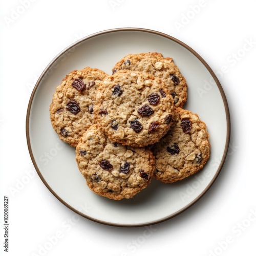 Homemade oatmeal raisin cookies on a white plate in the afternoon