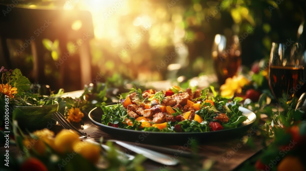 A beautifully arranged salad on a rustic table, surrounded by vibrant flowers and soft sunlight, creating a warm outdoor dining atmosphere. A beautifully arranged salad on a rustic table, surrounded by vibrant flowers and soft sunlight, creating a warm outdoor dining atmosphere.