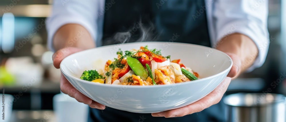 A chef holding a steaming bowl of colorful stir-fried vegetables and pasta, beautifully presented for a delicious meal. A chef holding a steaming bowl of colorful stir-fried vegetables and pasta, beautifully presented for a delicious meal.