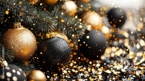 An isolated modern black and gold Christmas tree decorated with ornaments photo