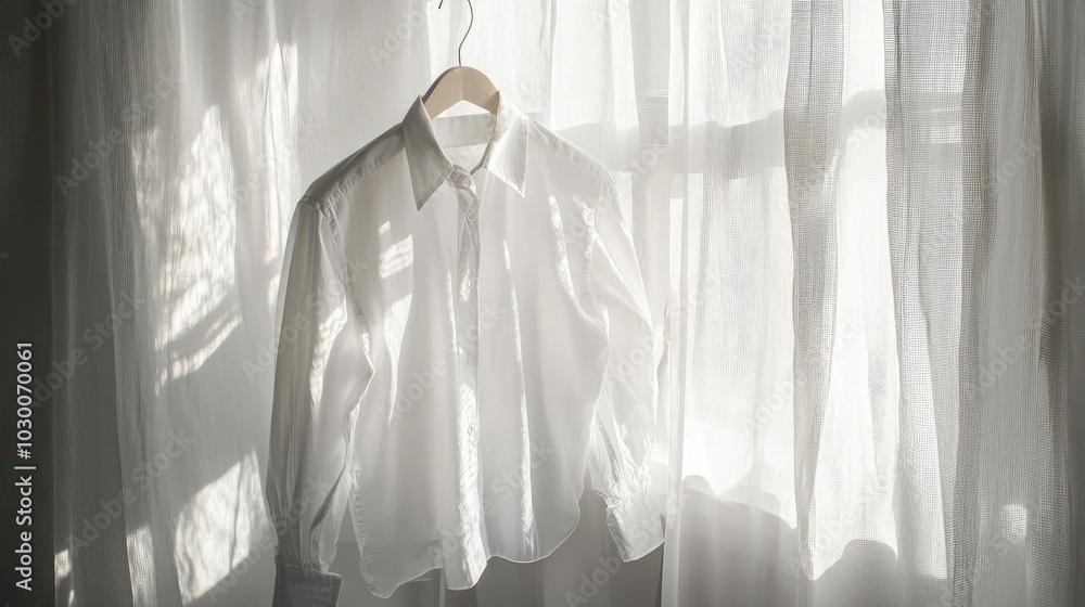 White Shirt Hanging by Window with Natural Light White Shirt Hanging by Window with Natural Light