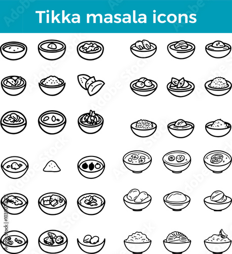 Tikka Masala icons line Indian curry chicken dish vector spicy sauce traditional cuisine food illustration set