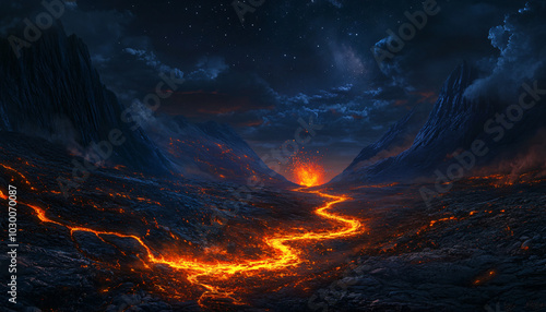 A glowing river of molten lava slowly flows through a rocky valley surrounded by dark, volcanic mountains