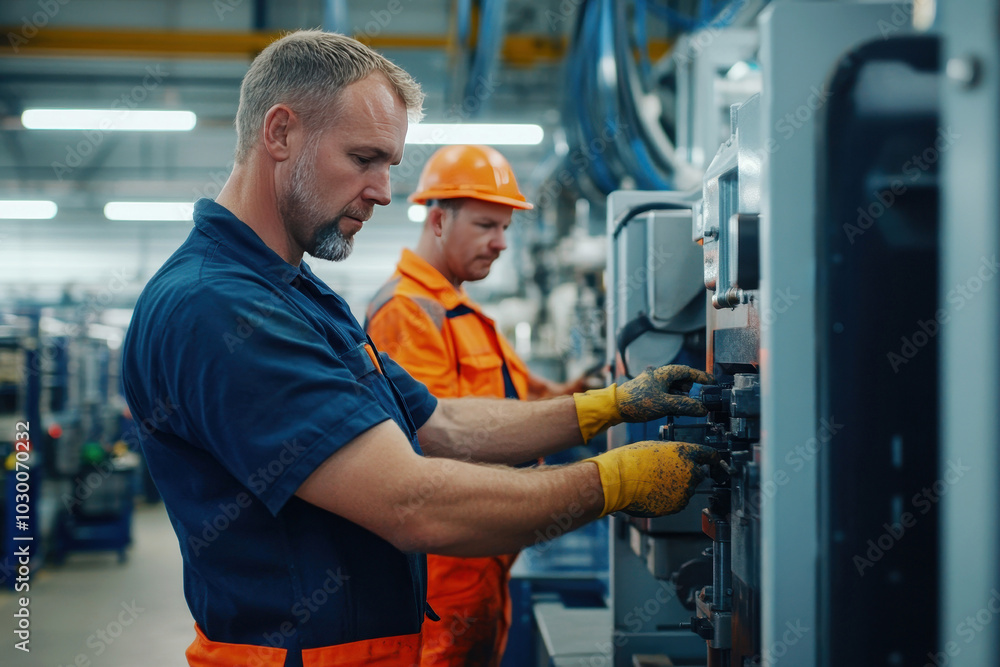 Team of maintenance workers operating machinery in industrial factory Team of maintenance workers operating machinery in industrial factory